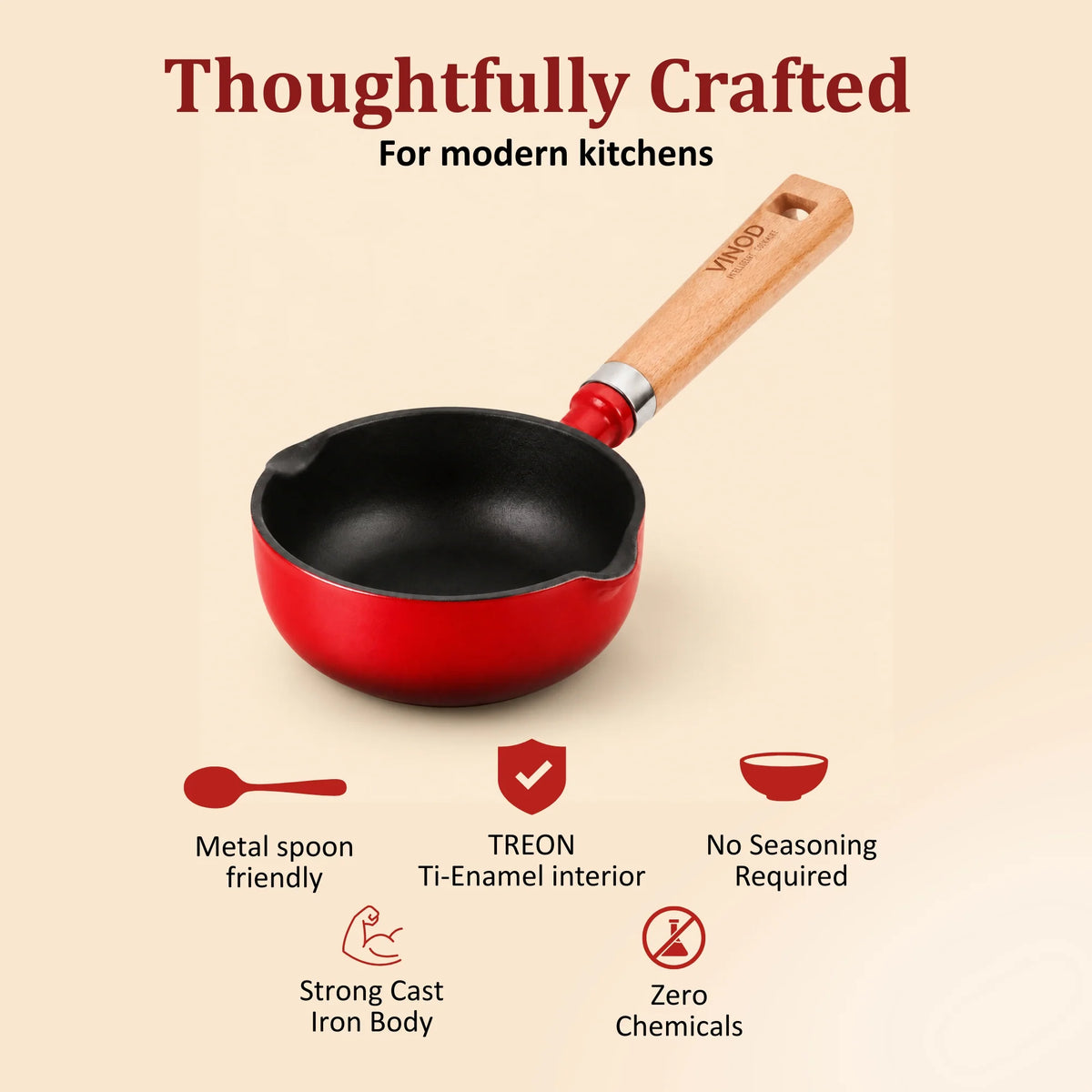 Vinod Cast Iron Freya Tadka Pan 12 cm – Ruby Red – TREON Titanium Enamel