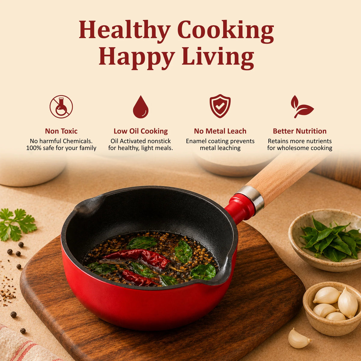 Vinod Cast Iron Freya Tadka Pan 12 cm – Ruby Red – TREON Titanium Enamel