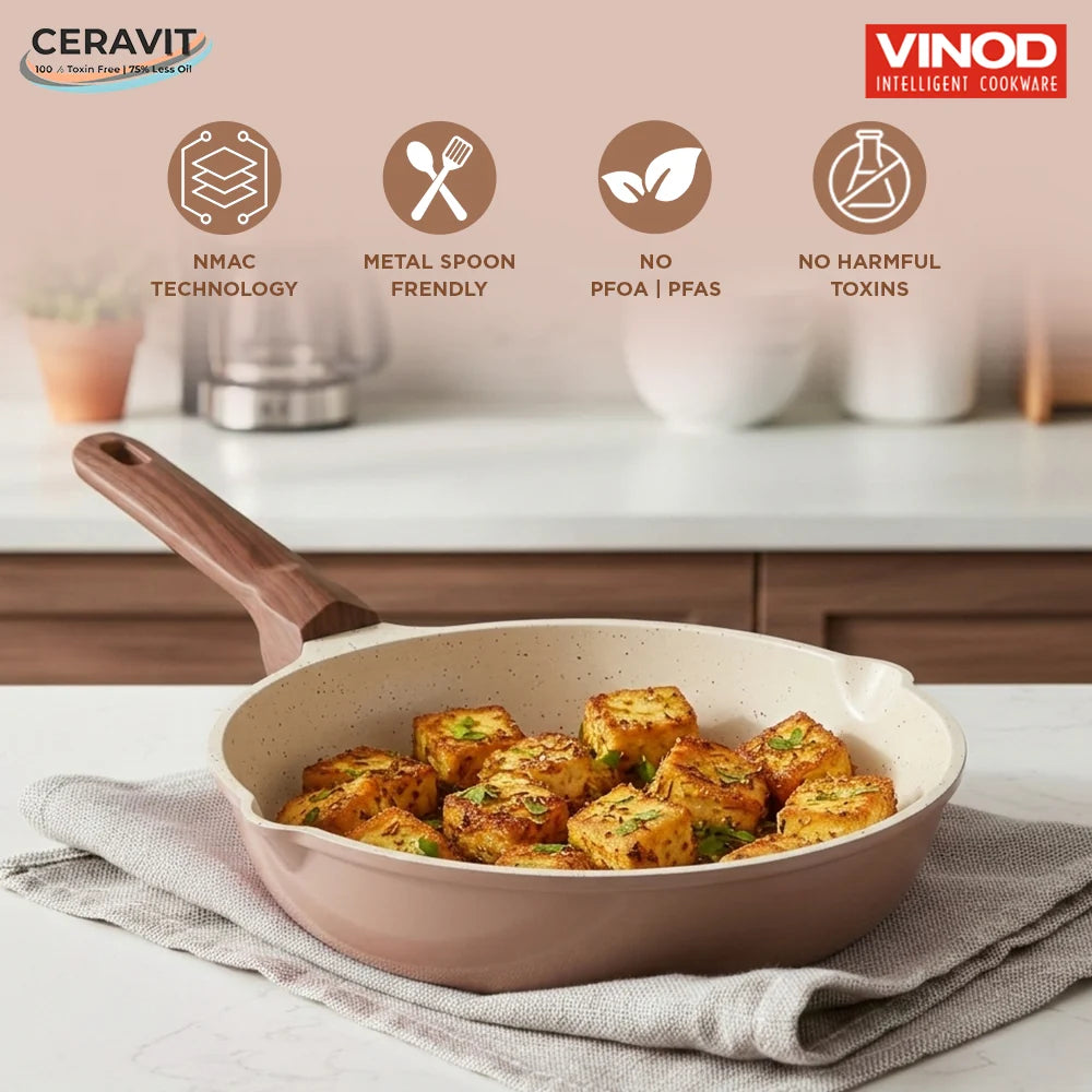 Vinod Ceravit Ceramic Frypan 20cm Desert Rose with Ceramic Non Stick Coating and Wooden Handle