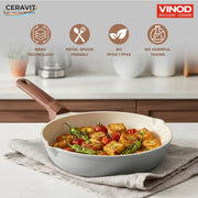 Vinod Ceravit Ceramic Frypan 20cm Washed Stone with Ceramic Non Stick Coating and Wooden Handle