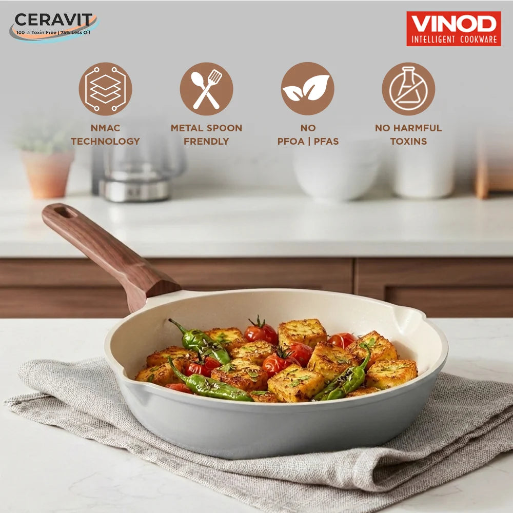 Vinod Ceravit Ceramic Frypan 20cm Washed Stone with Ceramic Non Stick Coating and Wooden Handle