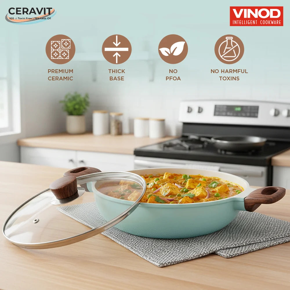 Vinod Ceravit Deep Kadai 24cm 2.4L Ceragreen with Ceramic Non Stick Coating and Glass Lid