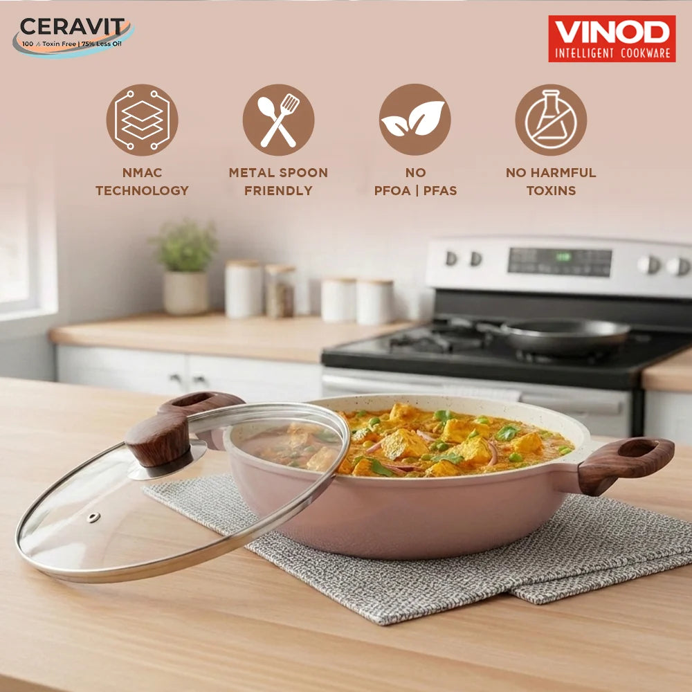 Vinod Ceravit Deep Kadai 24cm 2.4L Desert Rose with Ceramic Non Stick Coating and Glass Lid