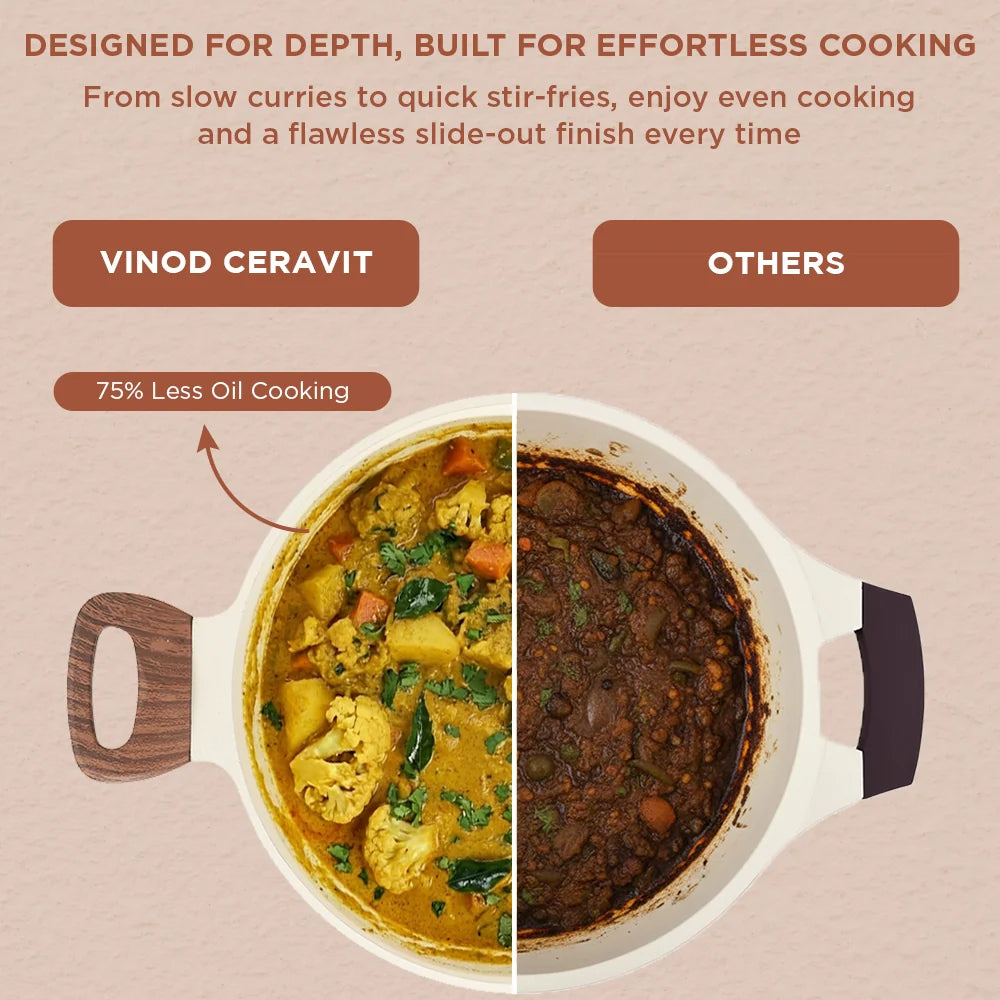 Vinod Ceravit Deep Kadai 24 cm - 2.4 L - Desert Rose Ceramic Non Stick Kadai