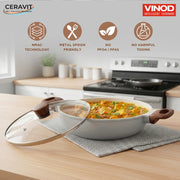 Vinod Ceravit Deep Kadai 24cm 2.4L Washed Stone with Ceramic Non Stick Coating and Glass Lid