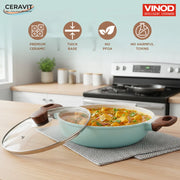 Vinod Ceravit Deep Kadai 26cm 3.1L Ceragreen with Ceramic Non Stick Coating and Glass Lid