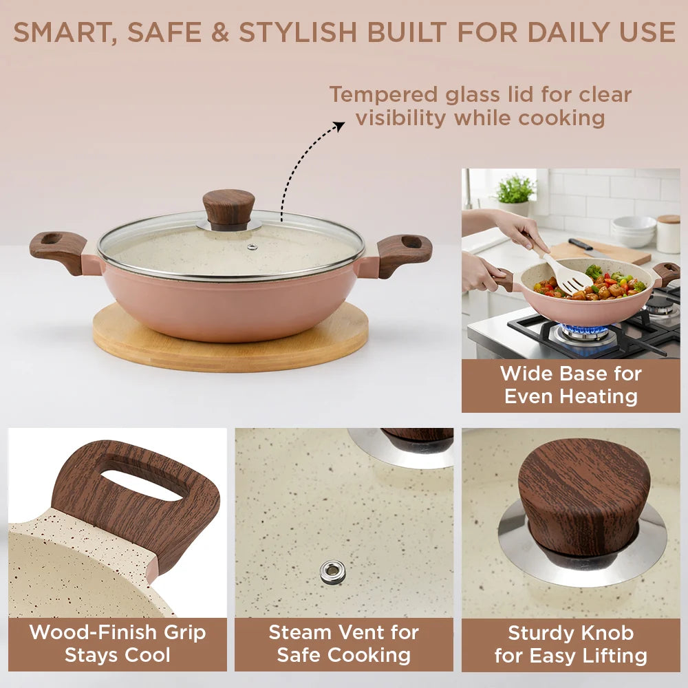 Vinod Ceravit Deep Kadai 26 cm - 3.1 L - Desert Rose Ceramic Non Stick Kadai