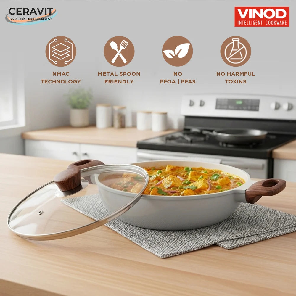 Vinod Ceravit Deep Kadai 26cm 3.1L Washed Stone with Ceramic Non Stick Coating and Glass Lid