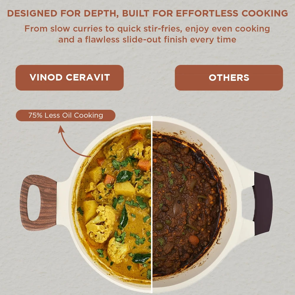 Vinod Ceravit Deep Kadai 26 cm - 3.1 L - Washed Stone Ceramic Non Stick Kadai