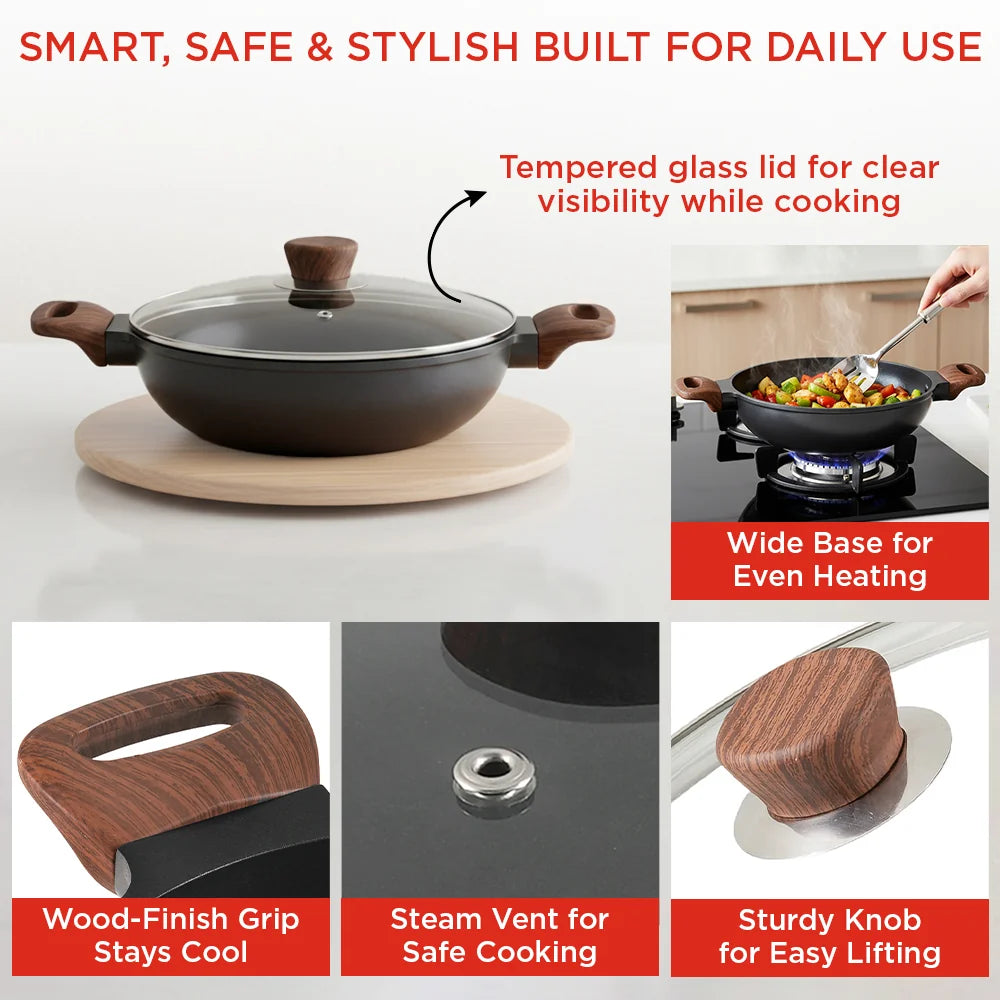 Vinod Di Casa Non Stick Deep Kadai 22 cm – 1.8 L – 3 Layer Non Stick – 4.8 mm Thick Base – Induction & Gas Compatible