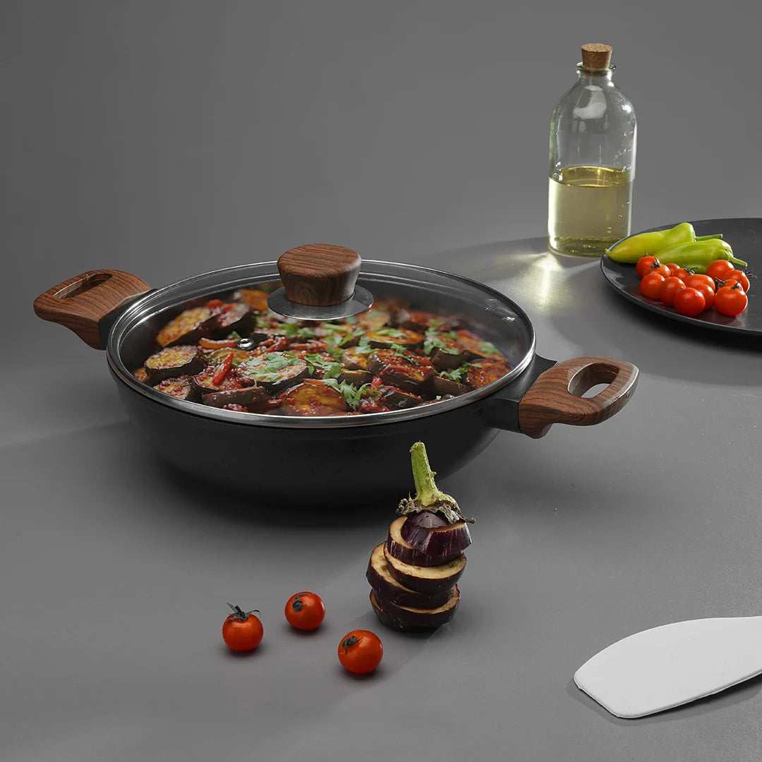 Vinod Di Casa Non Stick Deep Kadai 24 cm 2.4 L with 3 Layer Coating and Wood Finish Handle