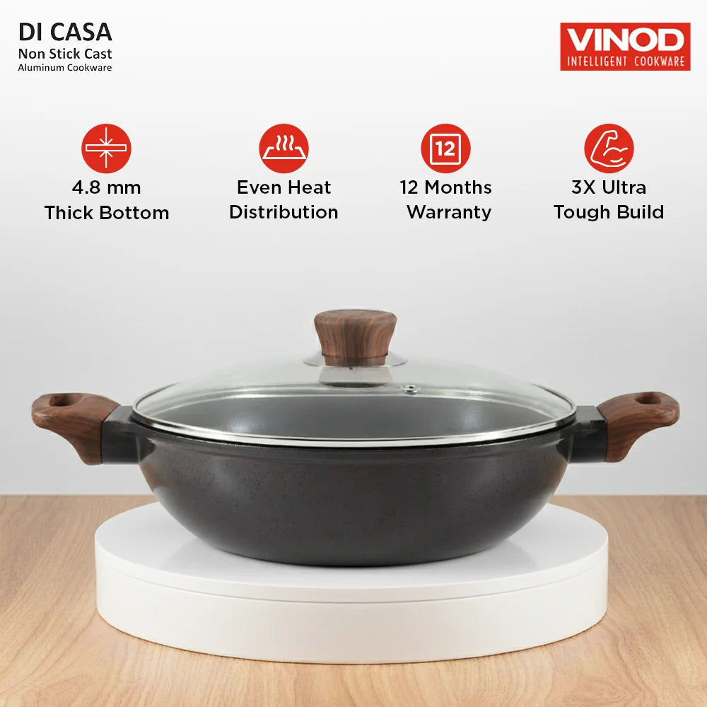 Vinod Di Casa Non Stick Deep Kadai 24 cm – 2.4 L – 3 Layer Non Stick – 4.8 mm Thick Base – Induction & Gas Compatible