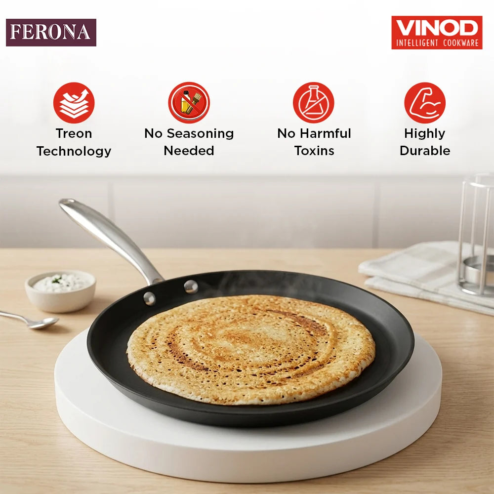 Vinod Ferona Cast Iron Dosa Tawa 27cm with Smooth Matte Enamel Interior