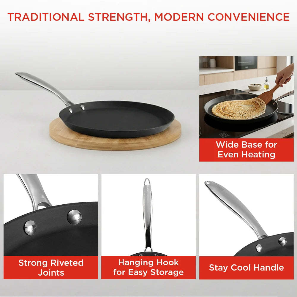 Vinod Ferona Cast Iron Dosa Tawa 27 cm – Induction, Gas, Electric, Ceramic & Halogen Compatible