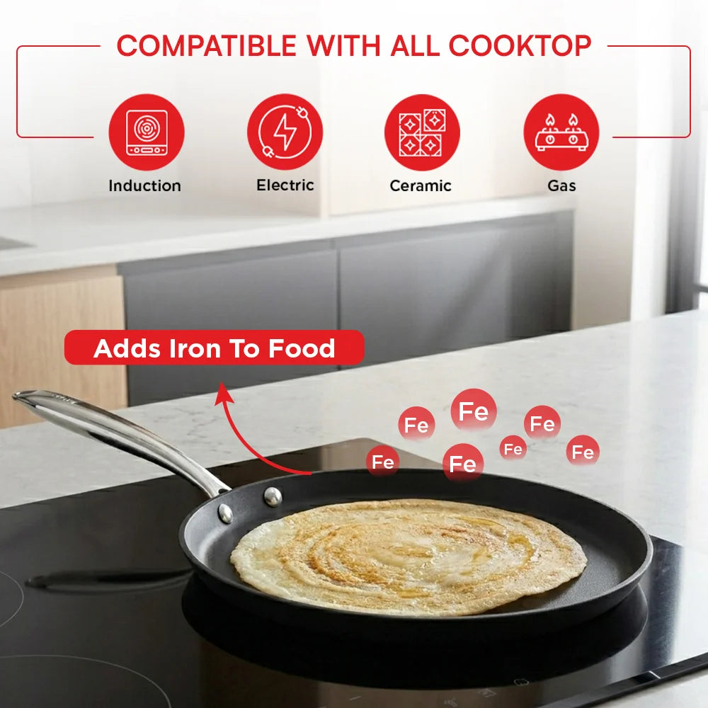 Vinod Ferona Cast Iron Dosa Tawa 27 cm – Induction, Gas, Electric, Ceramic & Halogen Compatible