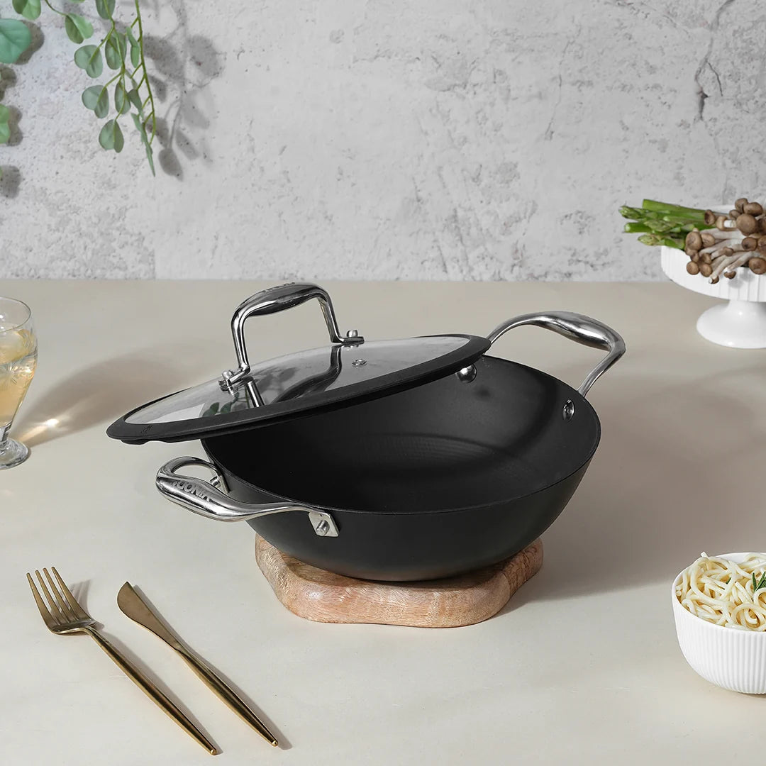 Vinod Ferona Cast Iron Kadai 20 cm – 1.4 L – EnduriT Technology – Glass Lid – Induction & Oven Compatible