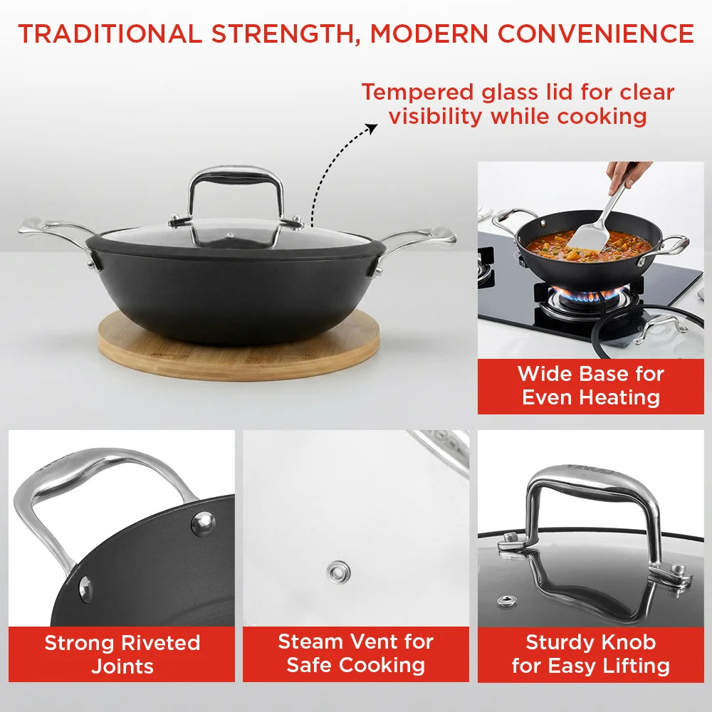 Vinod Ferona Cast Iron Kadai 22 cm – 1.7 L – EnduriT Technology – Glass Lid – Induction & Oven Compatible