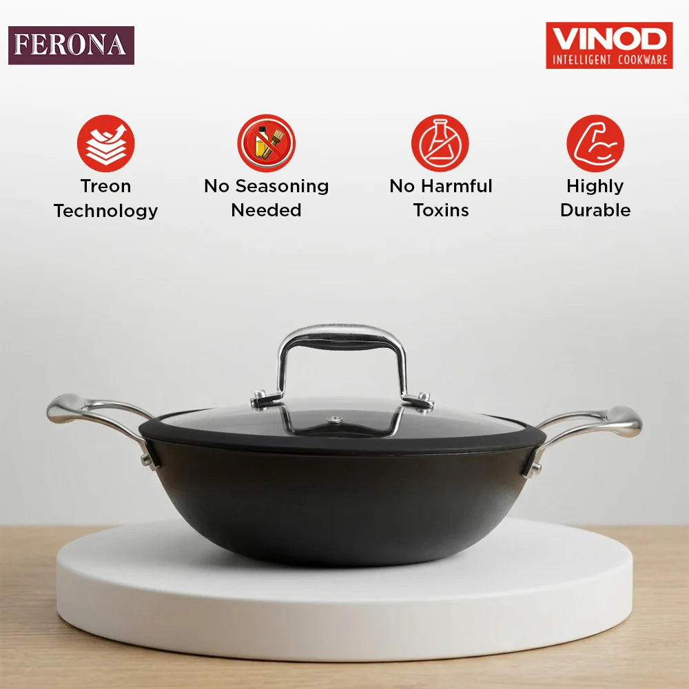 Vinod Ferona Cast Iron Kadai 22 cm – 1.7 L – EnduriT Technology – Glass Lid – Induction & Oven Compatible