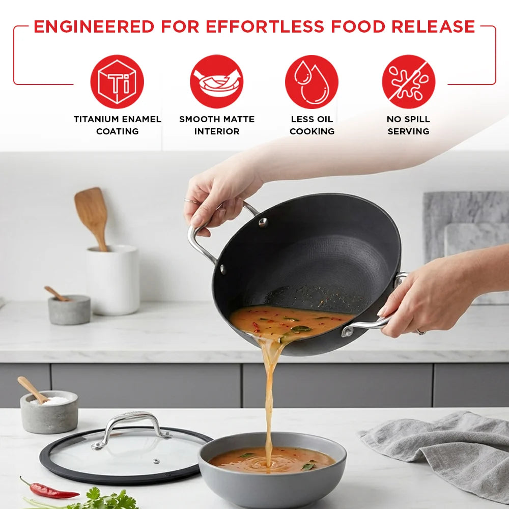 Vinod Ferona Cast Iron Kadai 22 cm – 1.7 L – EnduriT Technology – Glass Lid – Induction & Oven Compatible