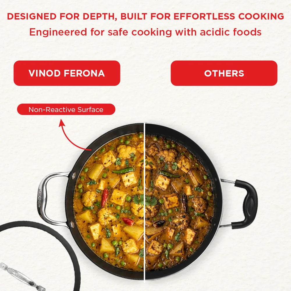 Vinod Ferona Cast Iron Kadai 26 cm – 2.5 L – EnduriT Technology – Glass Lid – Induction & Oven Compatible