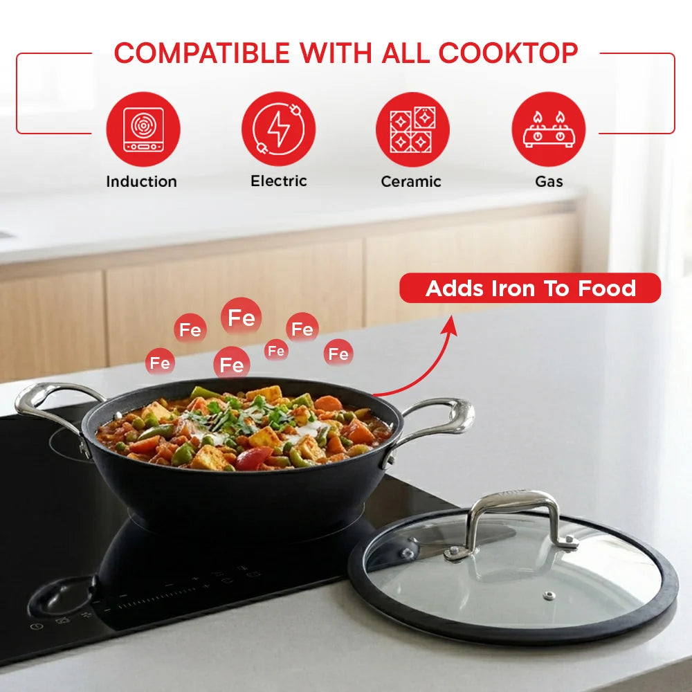 Vinod Ferona Cast Iron Kadai 26 cm – 2.5 L – EnduriT Technology – Glass Lid – Induction & Oven Compatible