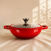Vinod Freya Cast Iron Kadai 22 cm Ruby Red with TREON Ti-Enamel and Glass Lid