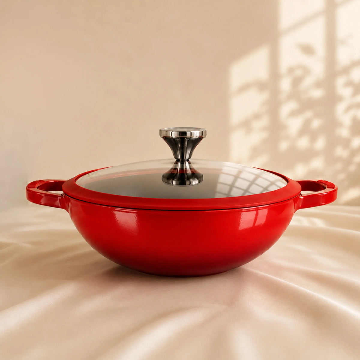 Vinod Freya Cast Iron Kadai 22 cm Ruby Red with TREON Ti-Enamel and Glass Lid