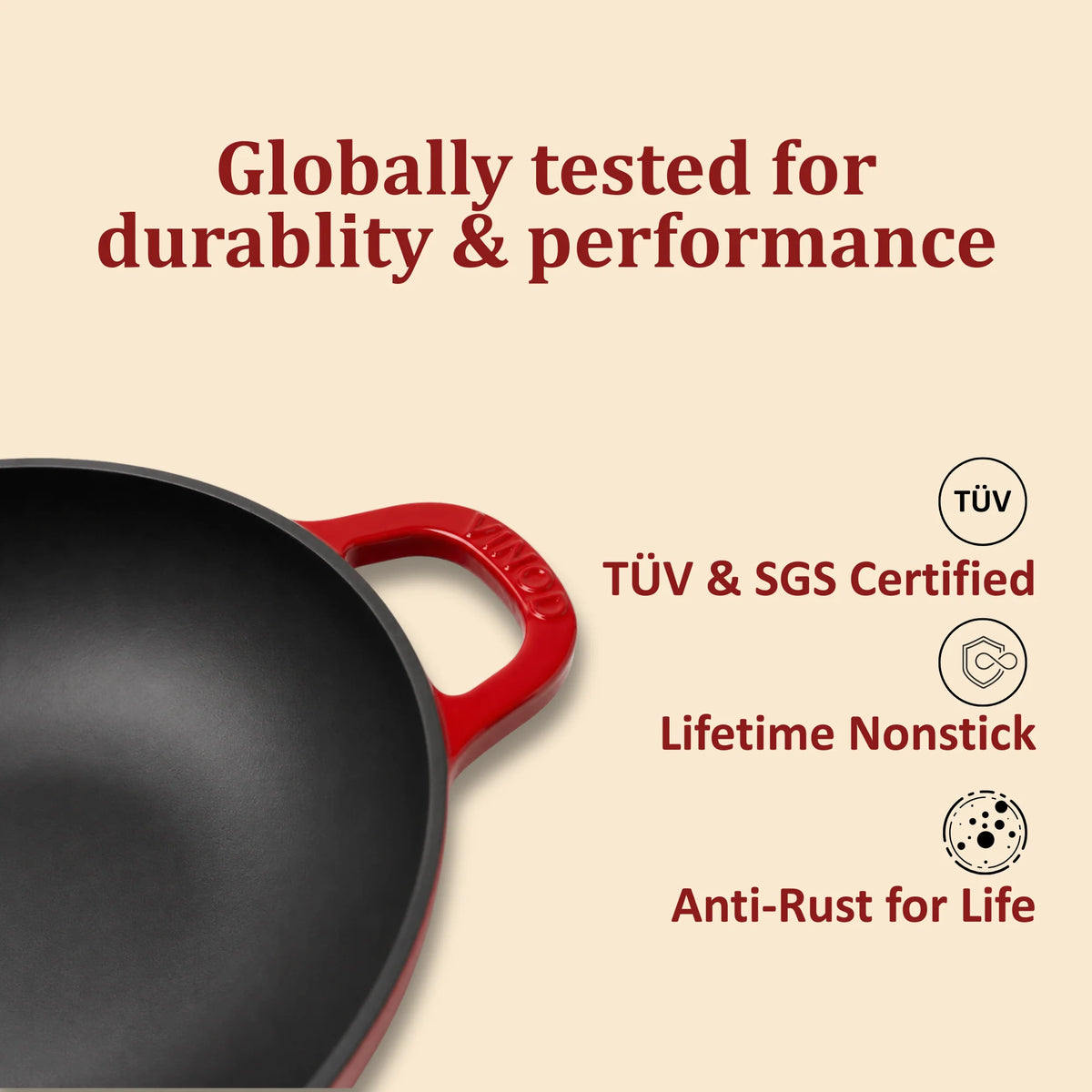 Vinod Cast Iron Freya Kadai 22 cm - 1.9 L – Ruby Red – TREON Ti-Enamel – Induction Compatible – Glass Lid