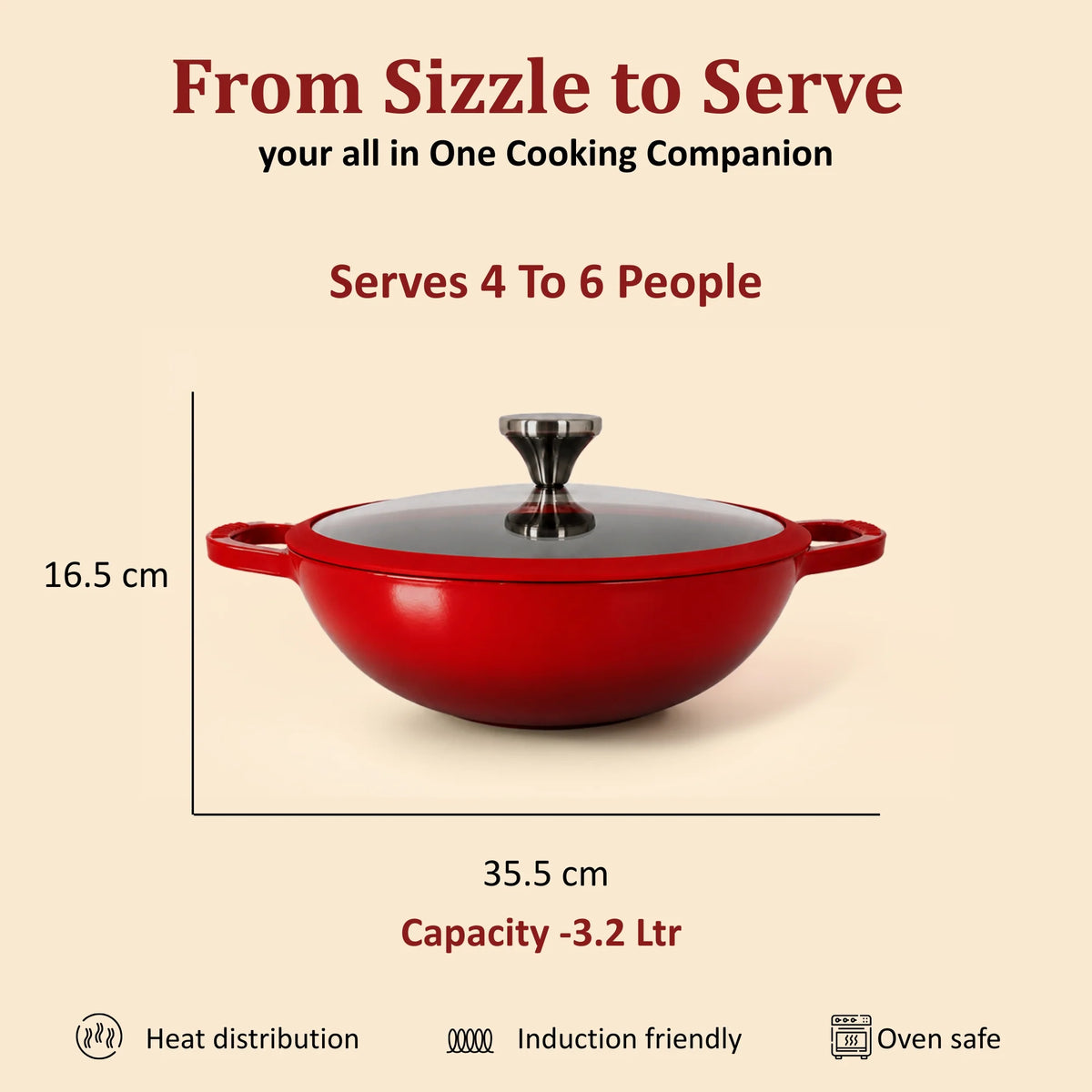 Vinod Cast Iron Freya Kadai 22 cm - 1.9 L – Ruby Red – TREON Ti-Enamel – Induction Compatible – Glass Lid