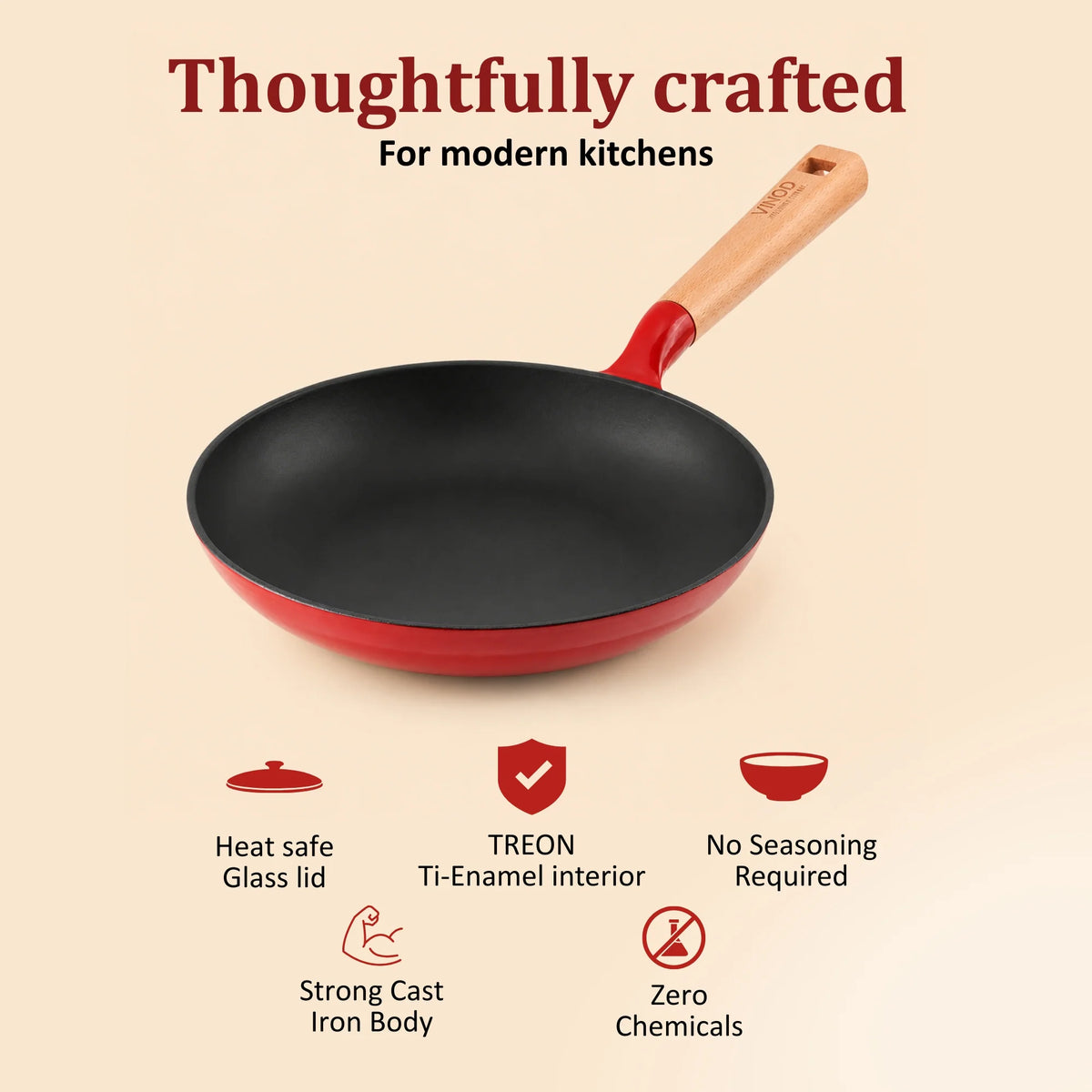 Vinod Cast Iron Freya Frypan 22 cm – 1.2 L – Ruby Red – TREON Ti-Enamel – Induction & Oven Safe