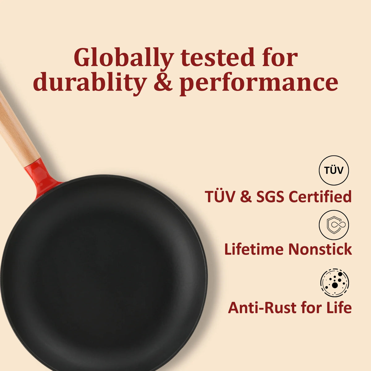 Vinod Cast Iron Freya Frypan 22 cm – 1.2 L – Ruby Red – TREON Ti-Enamel – Induction & Oven Safe