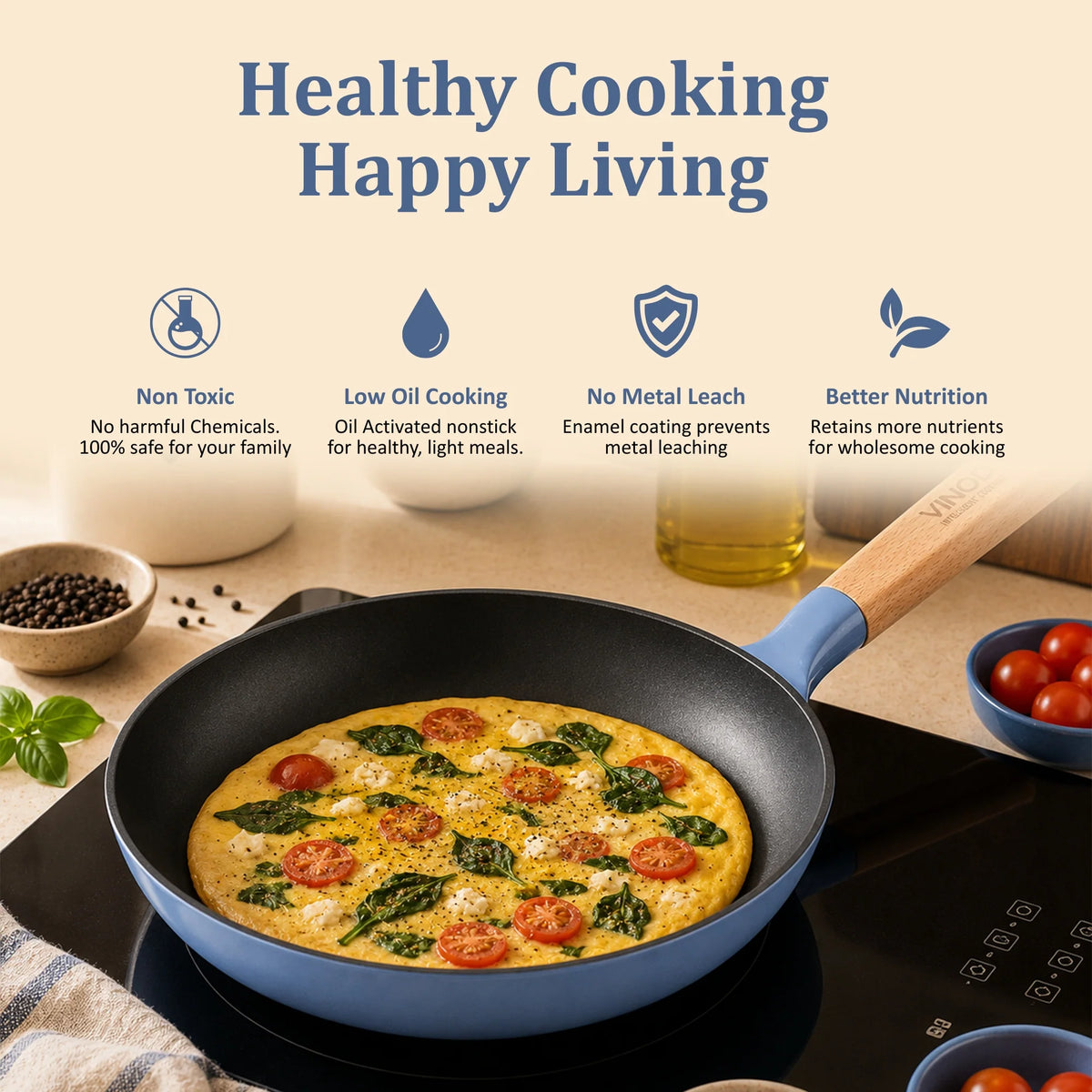 Vinod Cast Iron Freya Frypan 22 cm – 1.2 L – Sapphire Blue – TREON Ti-Enamel – Induction & Oven Safe