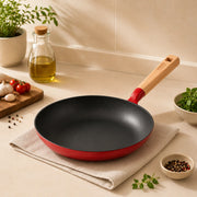 Vinod Freya Cast Iron Frypan 24 cm 1.5 L Ruby Red with TREON Ti-Enamel and Beechwood Handle