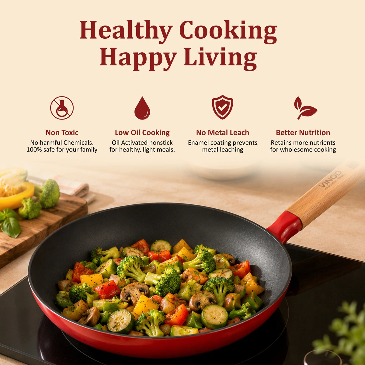 Vinod Cast Iron Freya Frypan 24 cm – 1.5 L – Ruby Red – TREON Ti-Enamel – Induction & Oven Safe