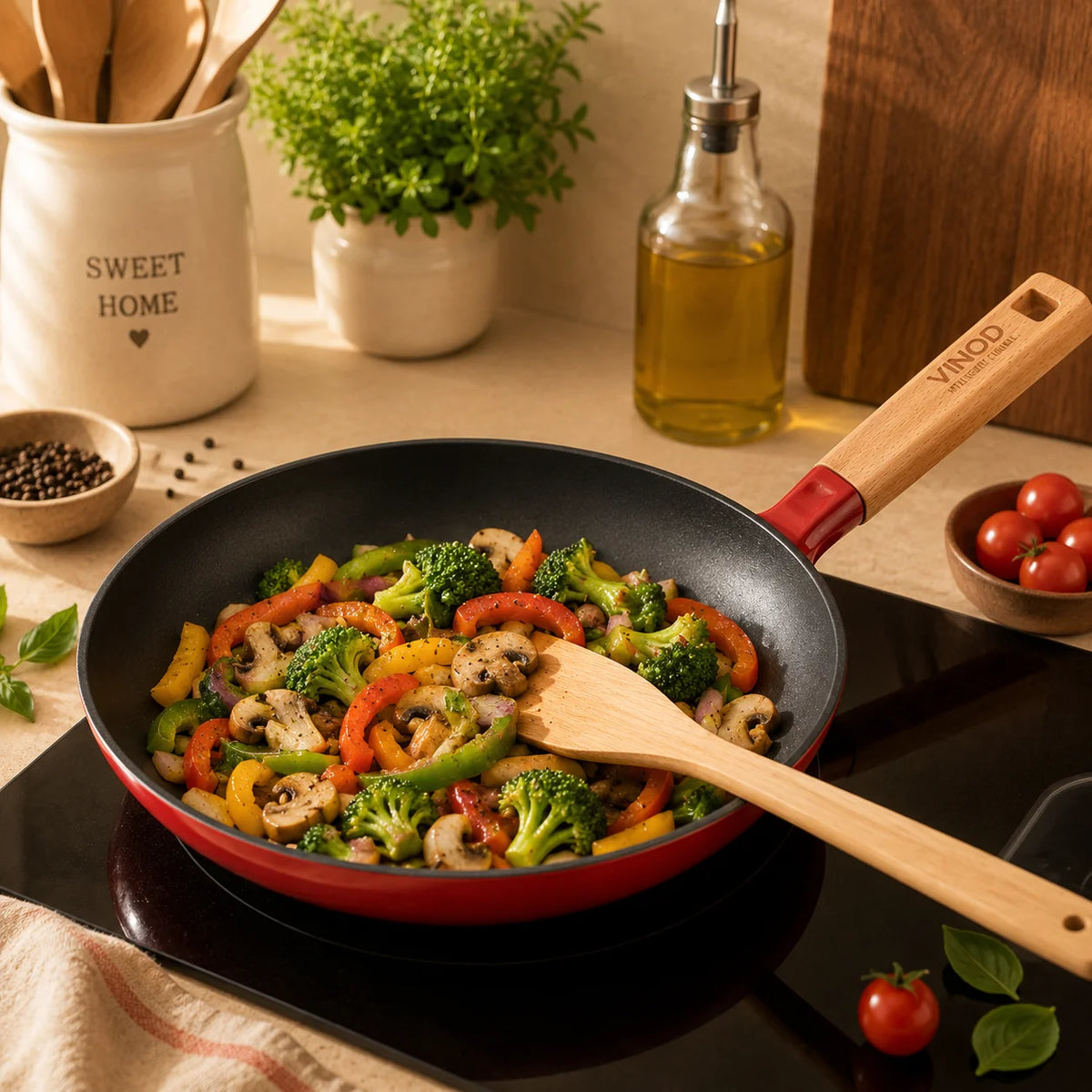 Vinod Cast Iron Freya Frypan 24 cm – 1.5 L – Ruby Red – TREON Ti-Enamel – Induction & Oven Safe