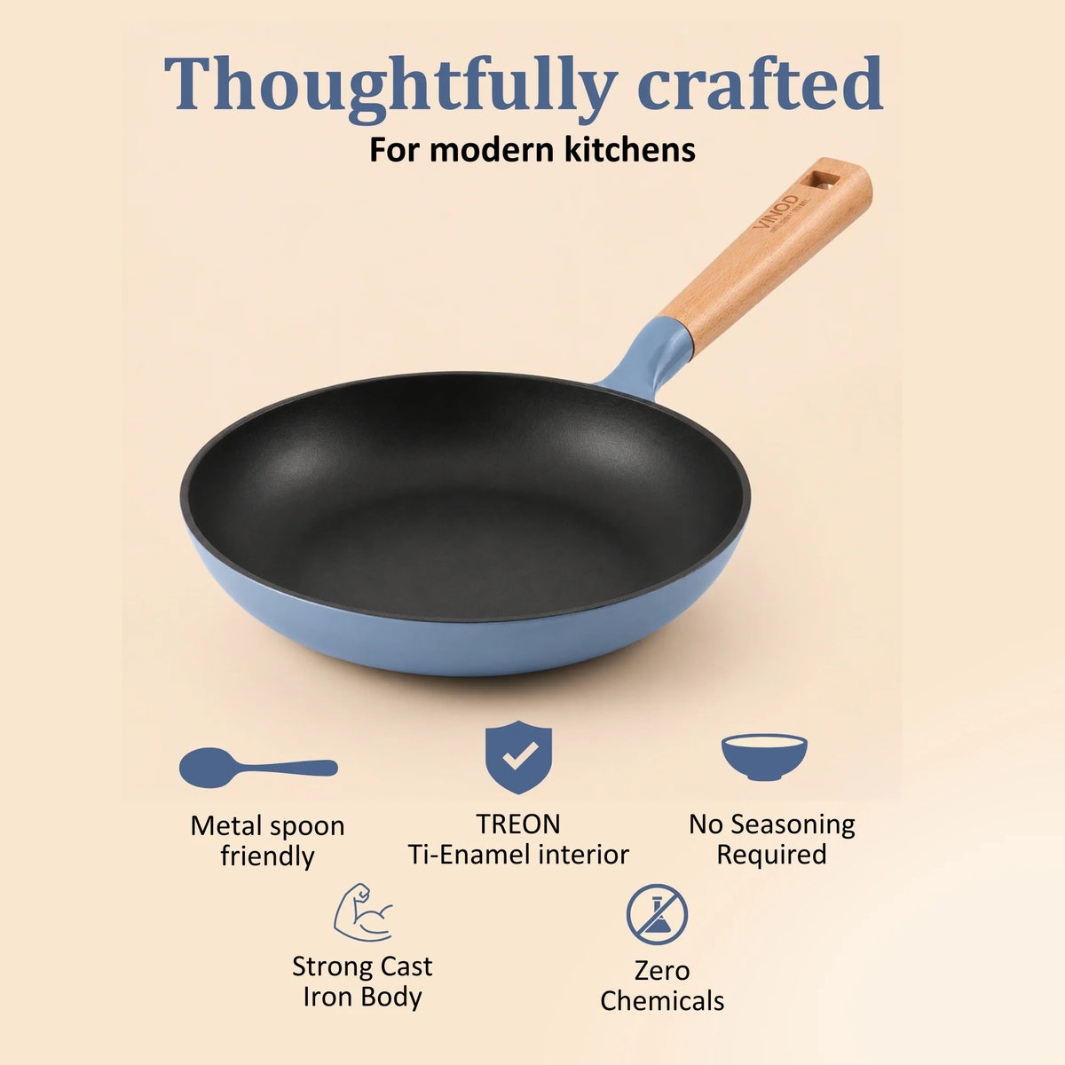 Vinod Cast Iron Freya Frypan 24 cm – 1.5 L – Sapphire Blue – TREON Ti-Enamel – Induction & Oven Safe