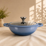 Vinod Freya Cast Iron Kadai 22 cm Sapphire Blue with TREON Ti-Enamel and Glass Lid