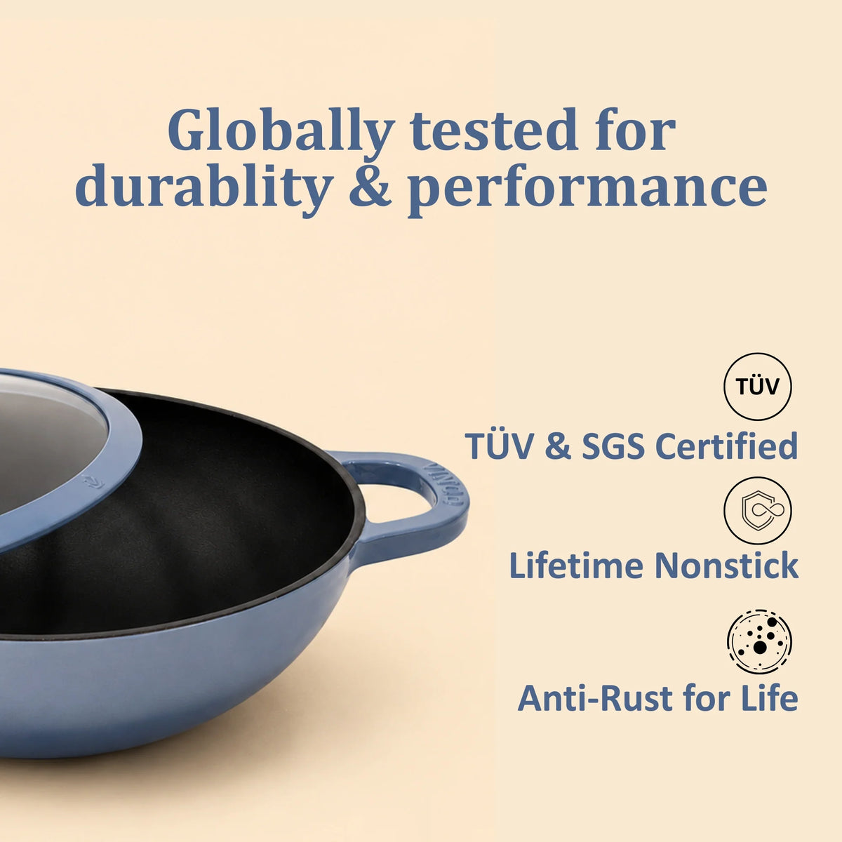 Vinod Cast Iron Freya Kadai 24 cm – 2.4 L – Sapphire Blue – TREON Ti-Enamel – Induction Compatible