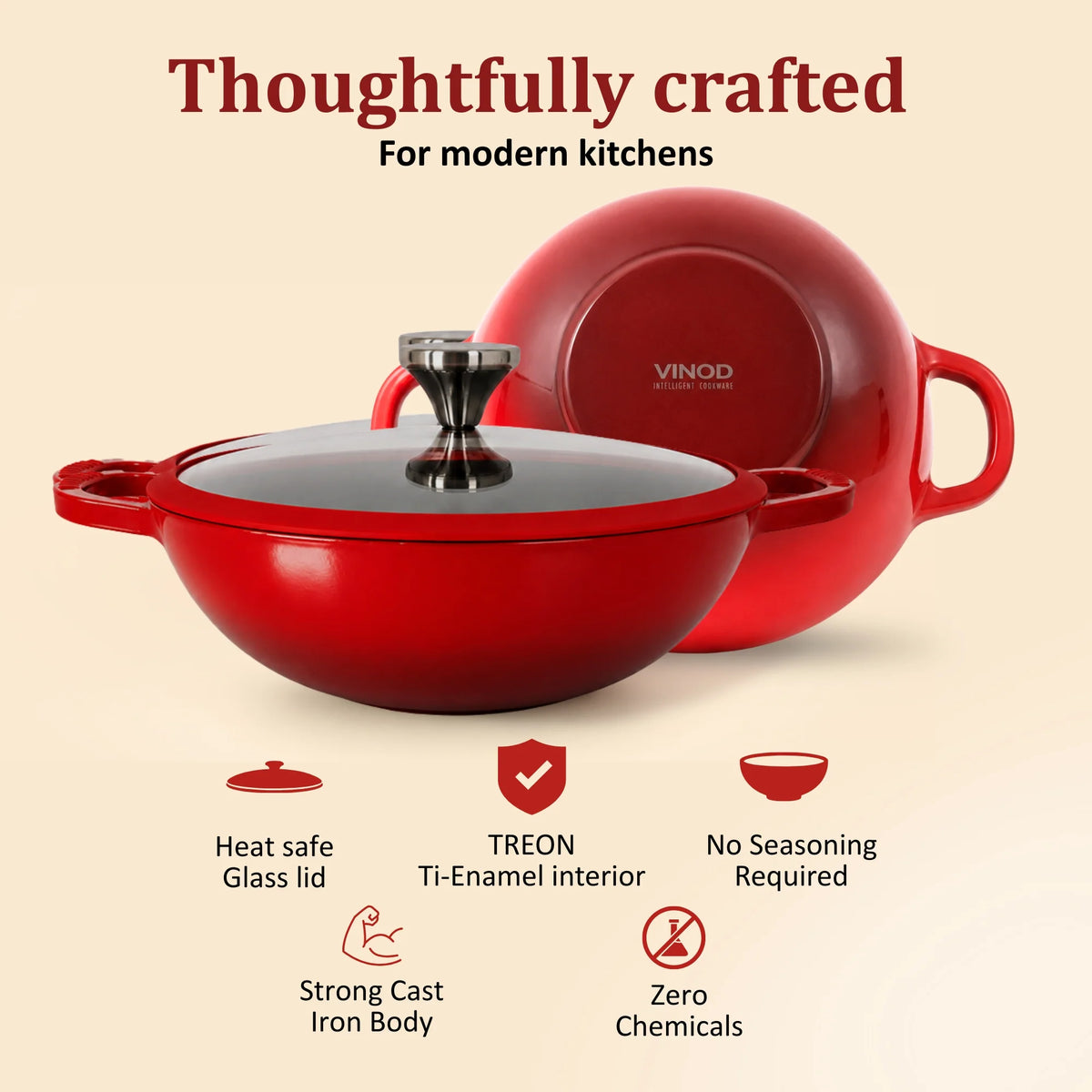 Vinod Cast Iron Freya Kadai 26 cm – 3.2 L – Ruby Red – TREON Ti-Enamel – Induction Compatible