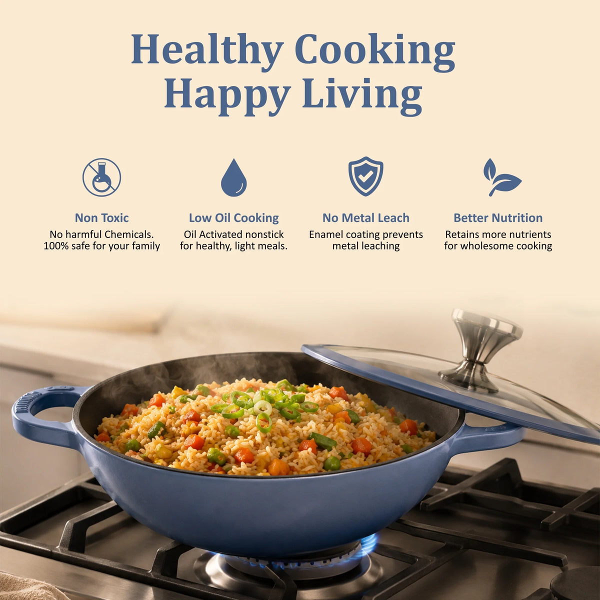 Vinod Cast Iron Freya Kadai 26 cm – 3.2 L – Sapphire Blue – TREON Ti-Enamel – Induction Compatible