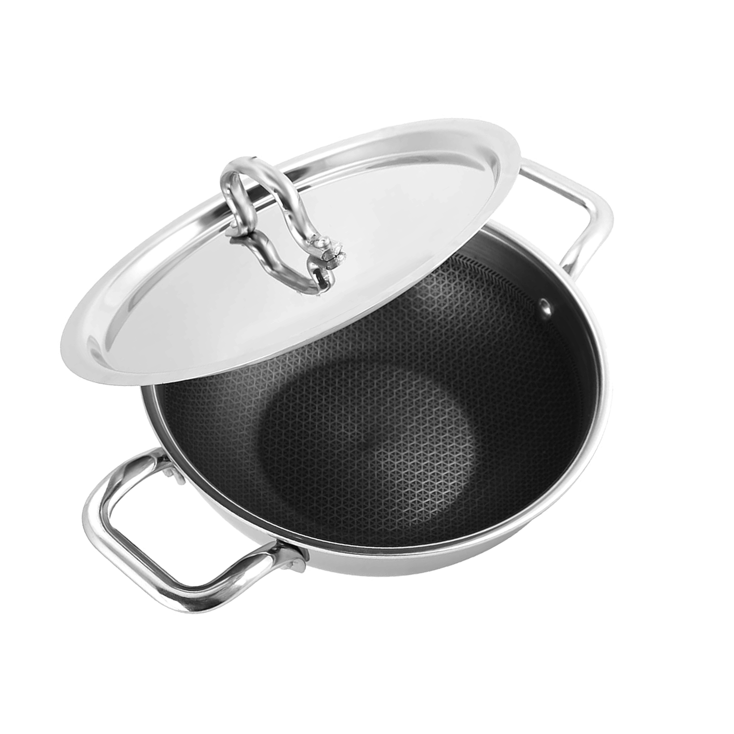 Stainless steel wok with lid on a white background
