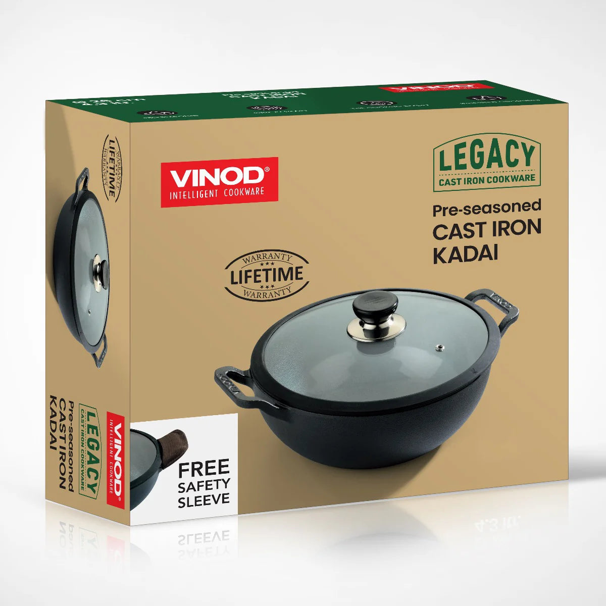 Vinod Legacy Pre-Seasoned Cast Iron Kadai 24 cm – 3.3 L – Glass Lid – Lifetime Warranty