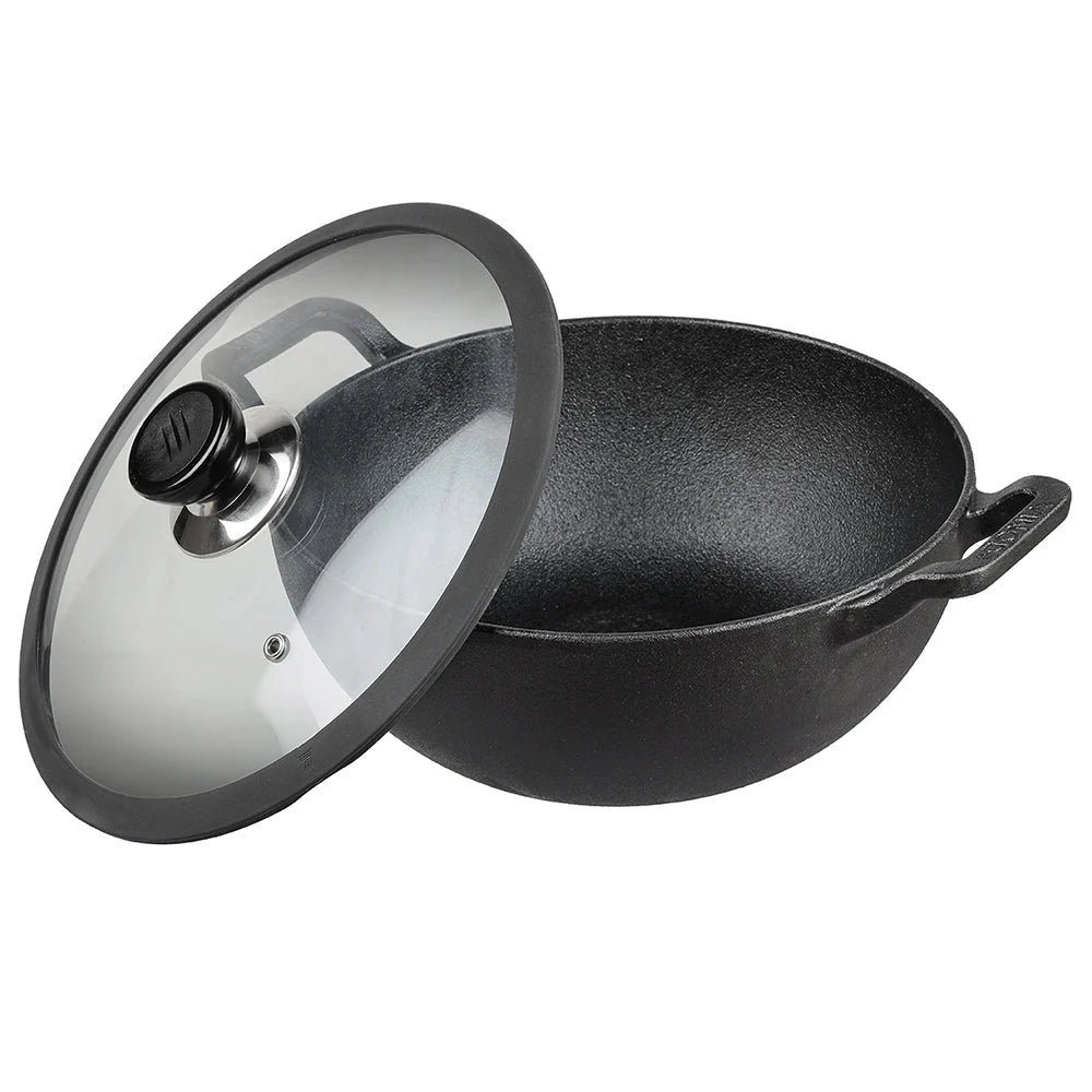 Vinod Legacy Pre-Seasoned Cast Iron Kadai 26 cm – 4.3 L – Glass Lid – Lifetime Warranty