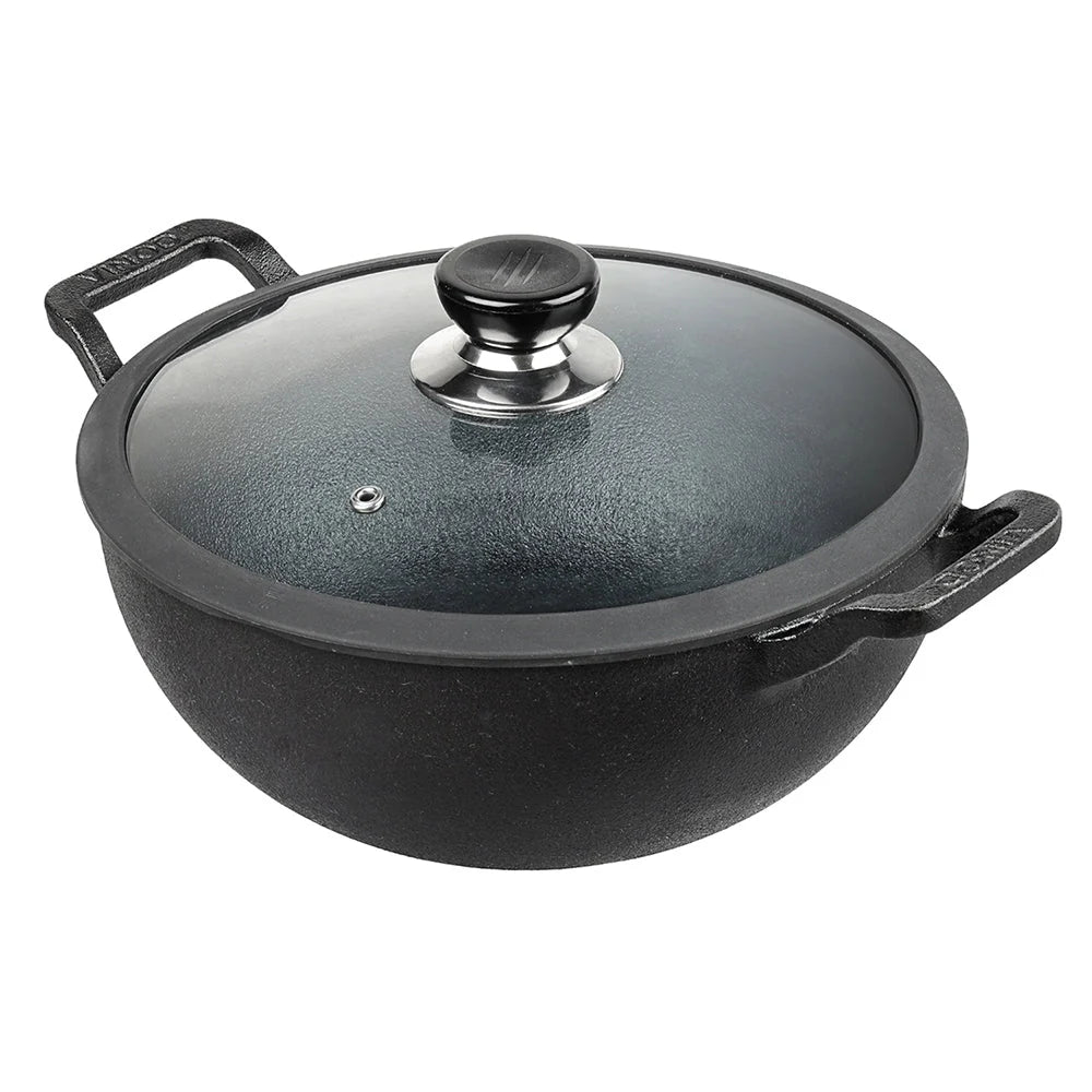 Vinod Legacy Pre-Seasoned Cast Iron Kadai 26 cm – 4.3 L – Glass Lid – Lifetime Warranty