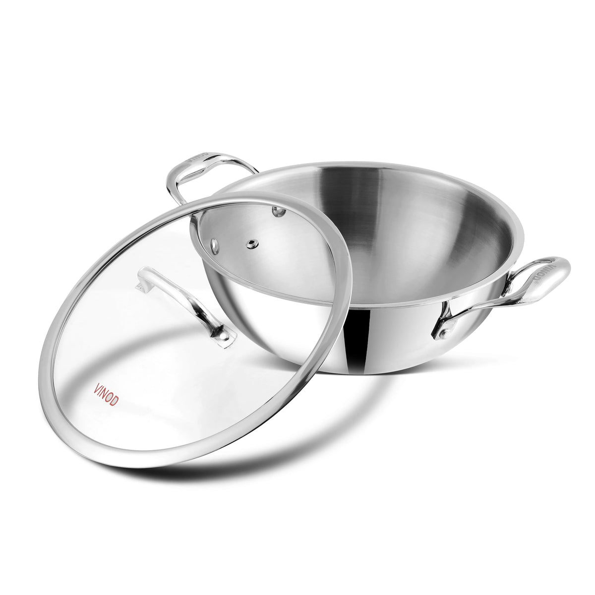 Vinod Platinum Extra Deep Kadai 26 cm 3.7 Litre with Glass Lid – Triply Stainless Steel Kadai – Gas & Induction Compatible