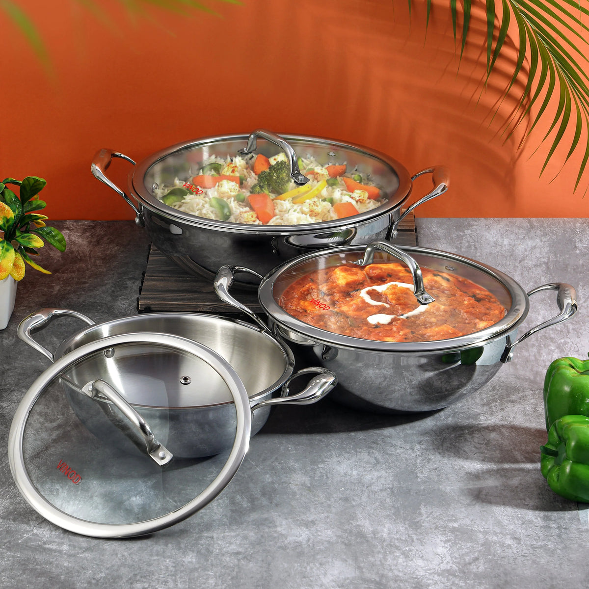 Vinod Platinum Extra Deep Kadai 26 cm 3.7 Litre with Glass Lid – Triply Stainless Steel Kadai – Gas & Induction Compatible