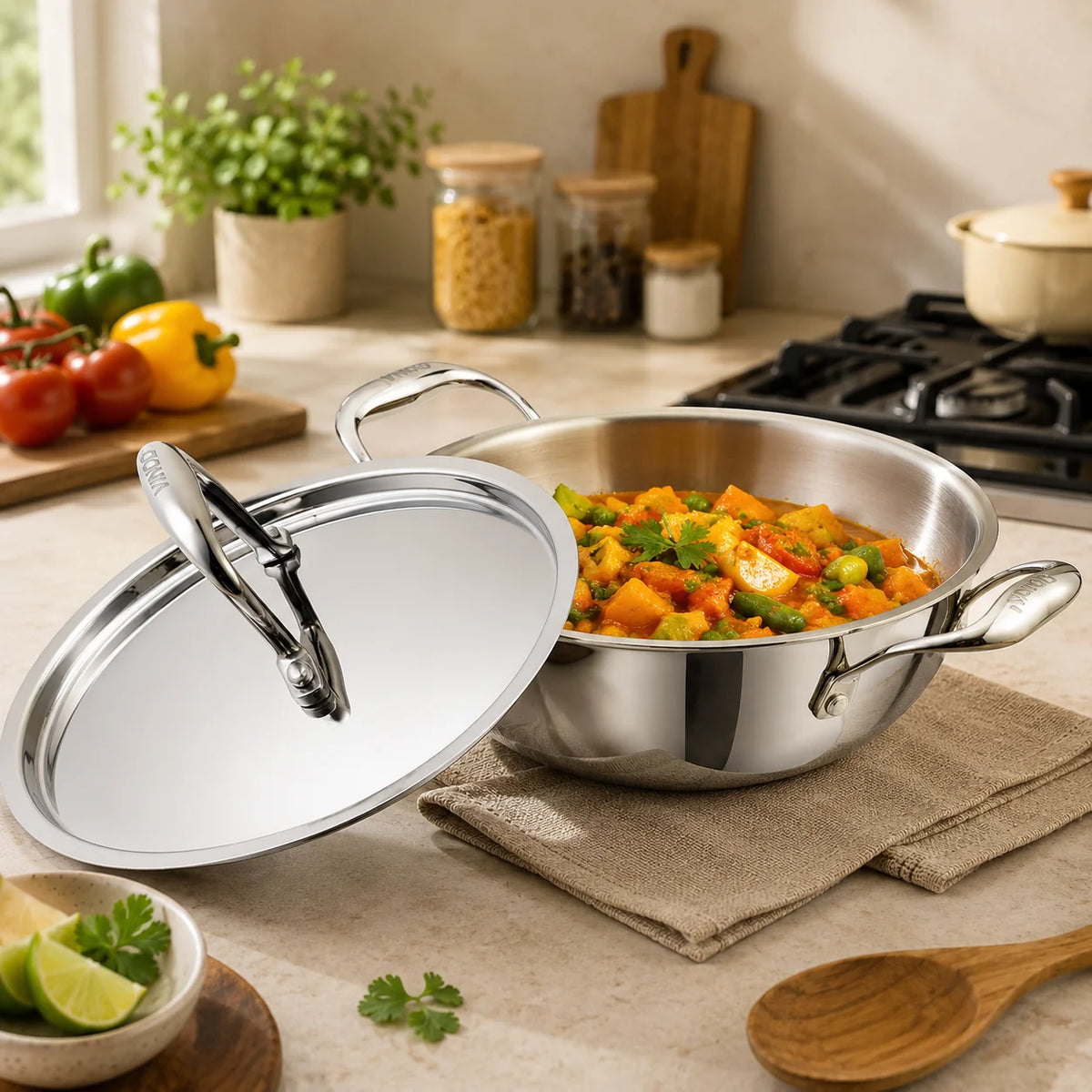 Vinod Platinum Extra Deep Kadai 28 cm 4.8 litre with stainless steel lid and triply stainless steel construction