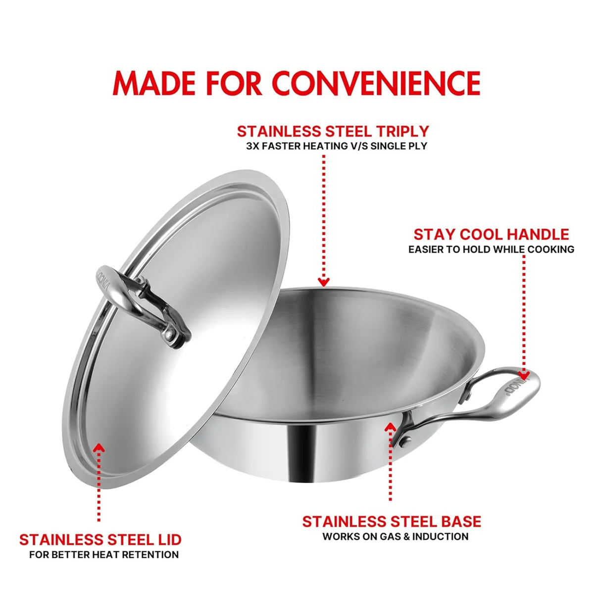 Vinod Platinum Extra Deep Kadai 28 cm 4.8 Litre with Stainless Steel Lid – Triply Stainless Steel Kadai – Gas & Induction Compatible