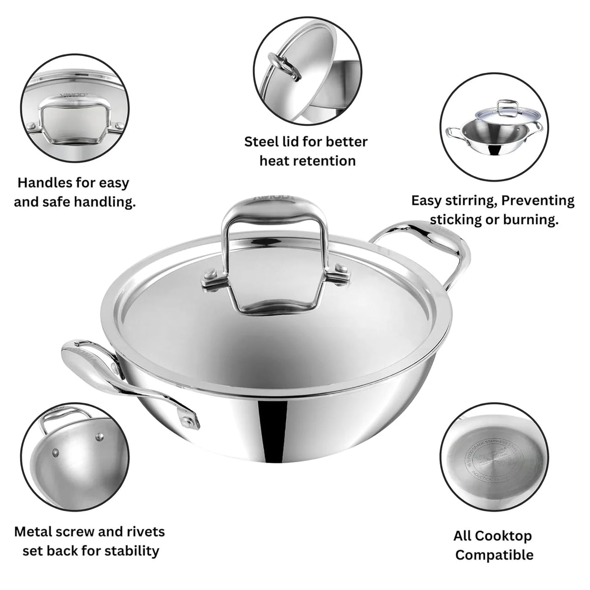 Vinod Platinum Extra Deep Kadai 28 cm 4.8 Litre with Stainless Steel Lid – Triply Stainless Steel Kadai – Gas & Induction Compatible
