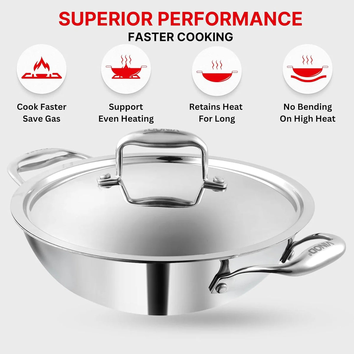 Vinod Platinum Extra Deep Kadai 28 cm 4.8 Litre with Stainless Steel Lid – Triply Stainless Steel Kadai – Gas & Induction Compatible